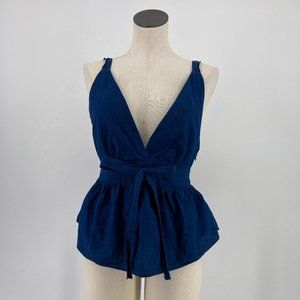 Free People Top Sleeveless V Neck Chambray Tank Blue Tie Front Size 6
